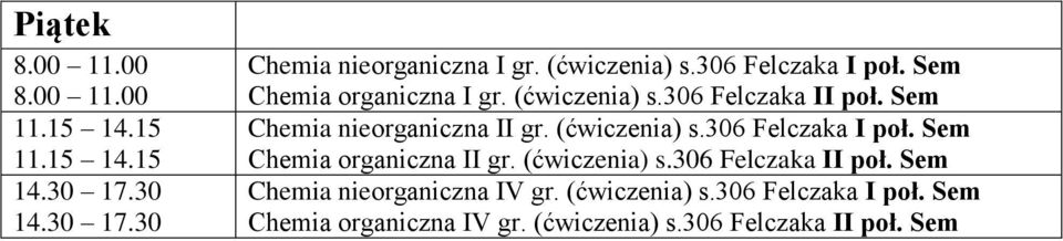 Sem Chemia nieorganiczna II gr. (ćwiczenia) s.306 Felczaka I poł. Sem Chemia organiczna II gr. (ćwiczenia) s.306 Felczaka II poł.