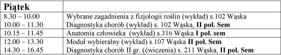 45 Anatomia człowieka (wykład) s.316 Wąska I poł. sem 12.00 13.30 14.30 16.