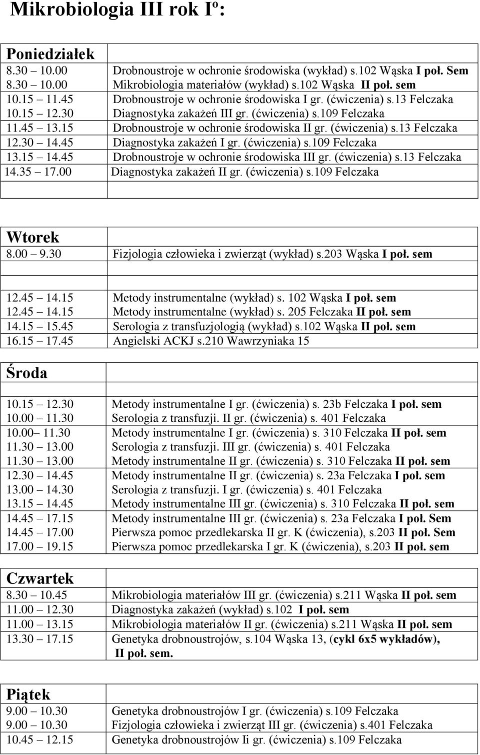 15 Drobnoustroje w ochronie środowiska II gr. (ćwiczenia) s.13 Felczaka 12.30 14.45 Diagnostyka zakażeń I gr. (ćwiczenia) s.109 Felczaka 13.15 14.45 Drobnoustroje w ochronie środowiska III gr.