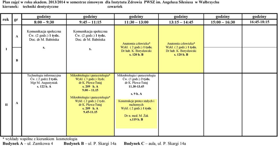 ( 2 godz) 2 tydz. M M. ugustyniak s. 122 b. Mikrobiologia i parazytologia* Wykł. ( 3 godz.) 1tydz. s. 209 b. 9.00 11.15 Mikrobiologia i parazytologia* 2 tydz. s. 209 b. 9.45-11.