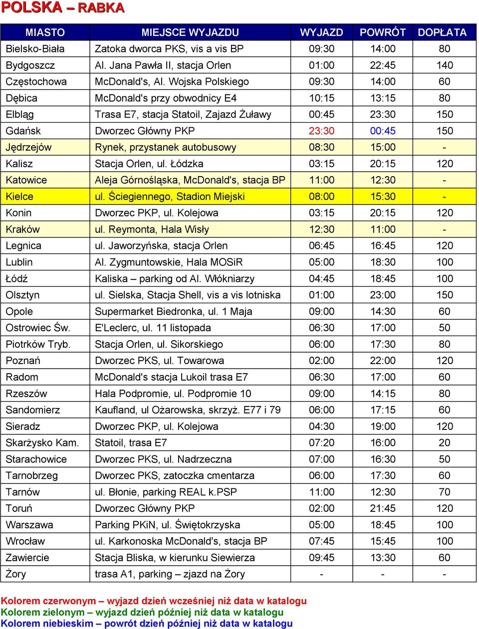 Rynek, przystanek autobusowy 08:30 15:00 - Kalisz Stacja Orlen, ul. Łódzka 03:15 20:15 120 Katowice Aleja Górnośląska, McDonald's, stacja BP 11:00 12:30 - Kielce ul.