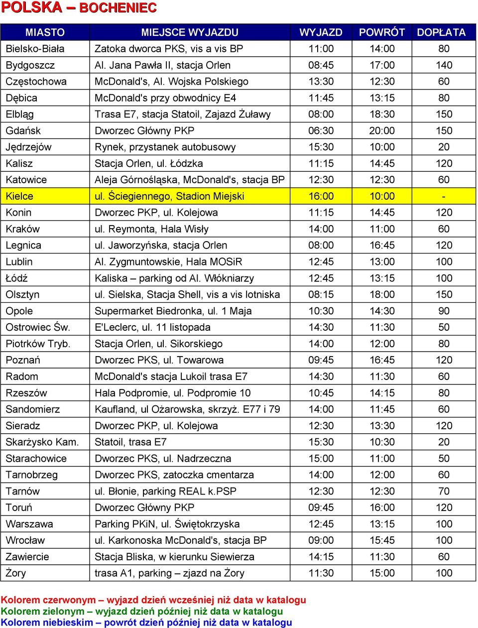 Rynek, przystanek autobusowy 15:30 10:00 20 Kalisz Stacja Orlen, ul. Łódzka 11:15 14:45 120 Katowice Aleja Górnośląska, McDonald's, stacja BP 12:30 12:30 60 Kielce ul.