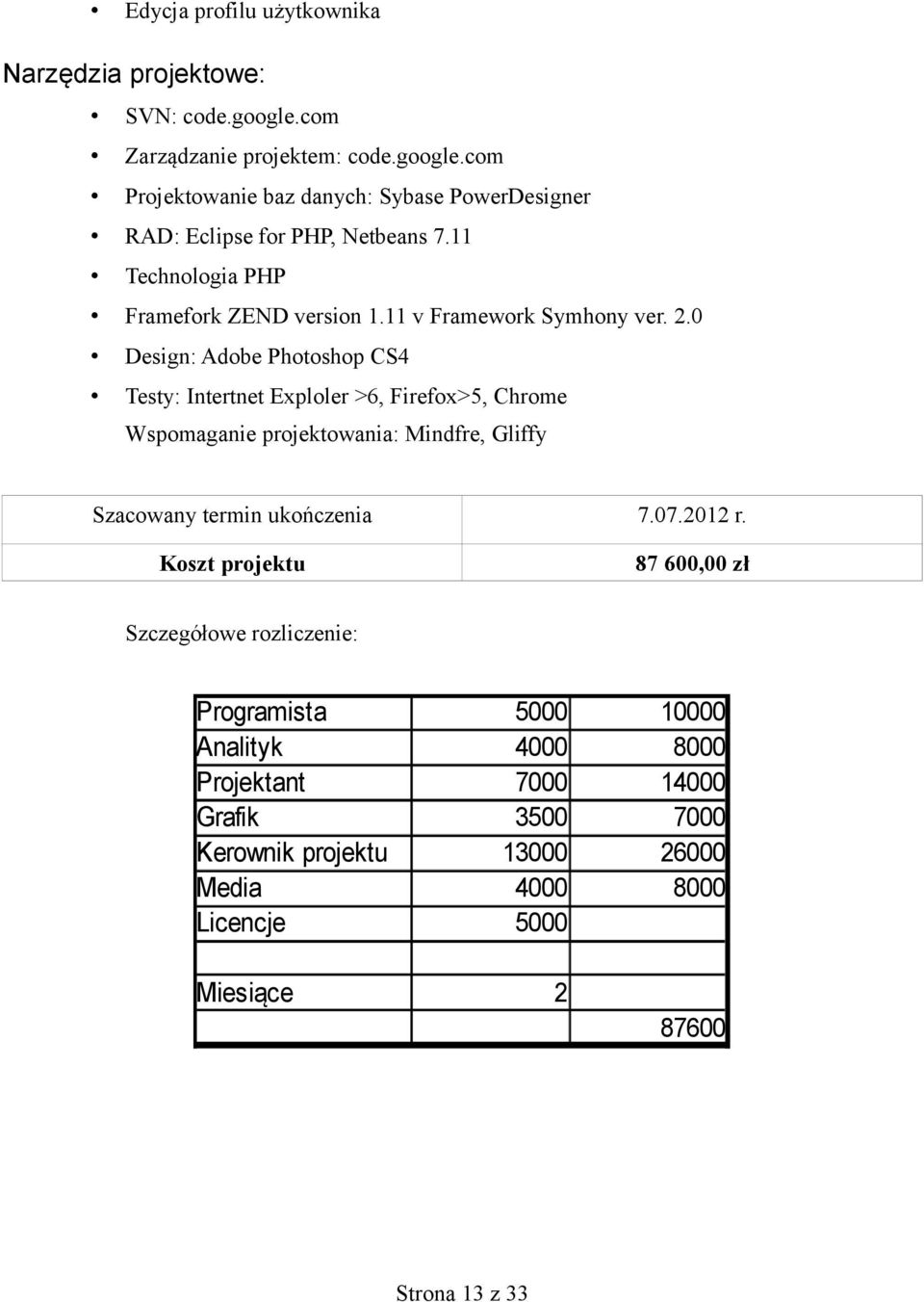 0 Design: Adobe Photoshop CS4 Testy: Intertnet Exploler >6, Firefox>5, Chrome Wspomaganie projektowania: Mindfre, Gliffy Szacowany termin ukończenia 7.07.2012 r.