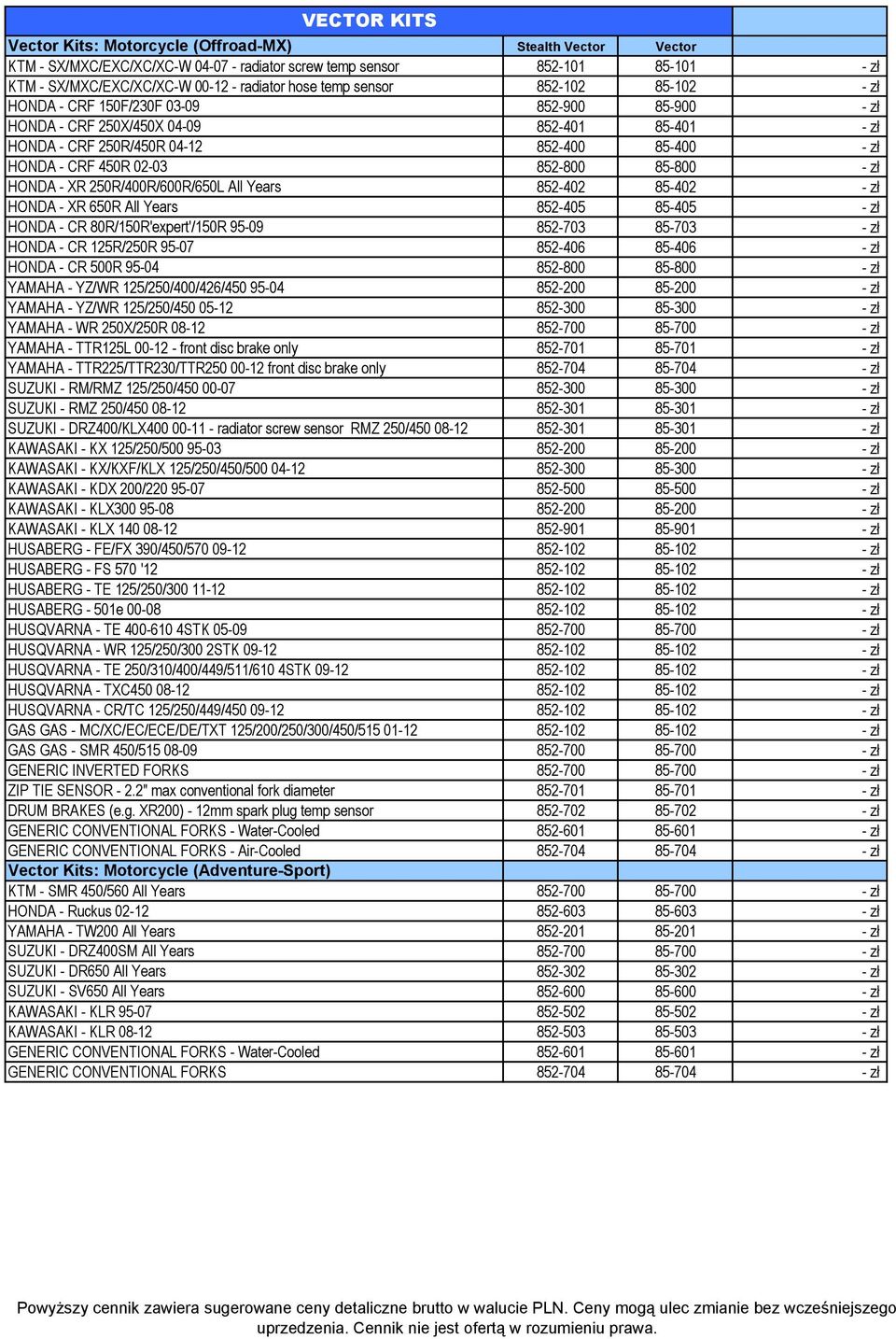 852-800 85-800 - zł HONDA - XR 250R/400R/600R/650L All Years 852-402 85-402 - zł HONDA - XR 650R All Years 852-405 85-405 - zł HONDA - CR 80R/150R'expert'/150R 95-09 852-703 85-703 - zł HONDA - CR