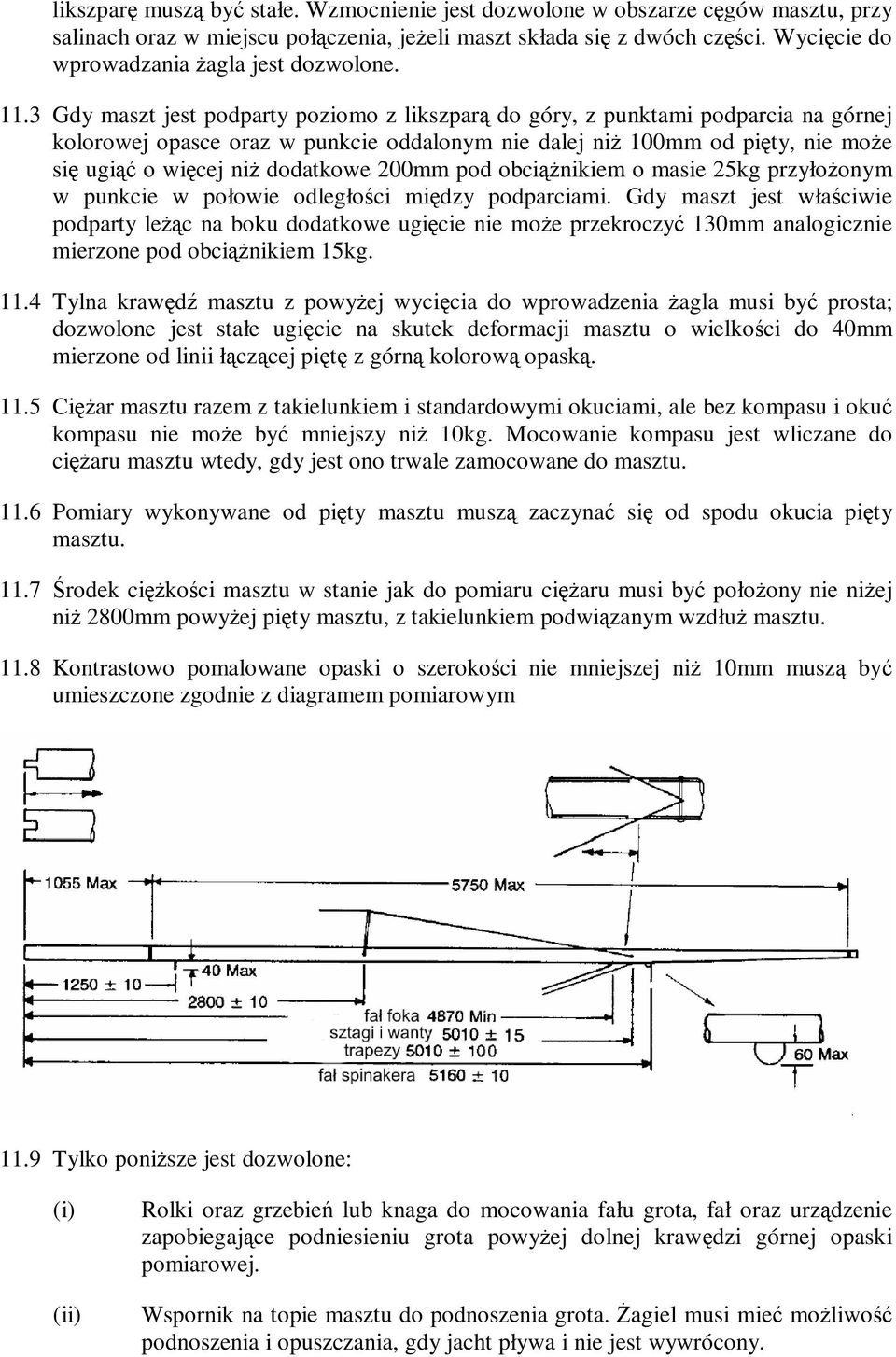 3 Gdy maszt jest podparty poziomo z likszparą do góry, z punktami podparcia na górnej kolorowej opasce oraz w punkcie oddalonym nie dalej niŝ 100mm od pięty, nie moŝe się ugiąć o więcej niŝ dodatkowe