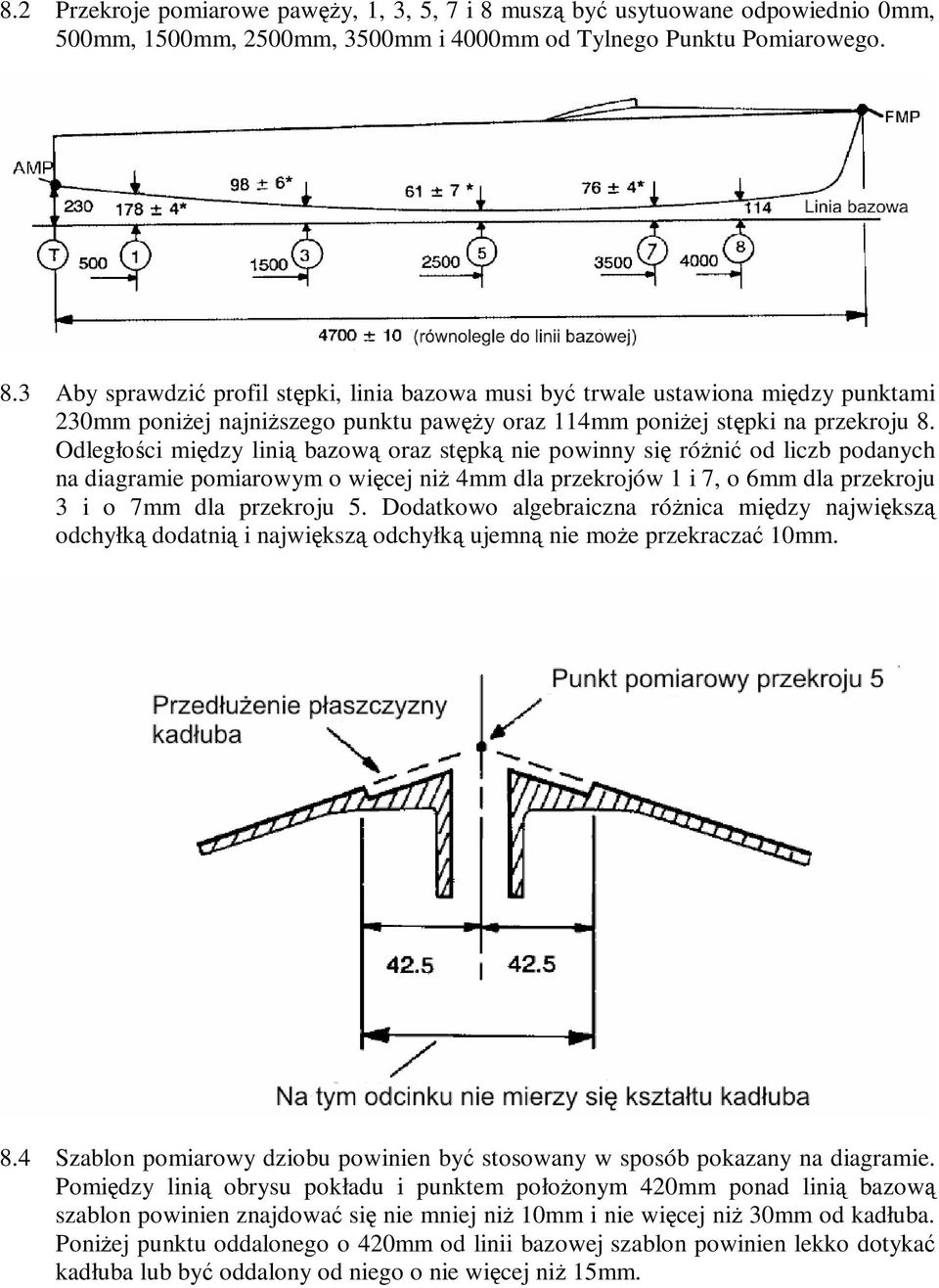 3 Aby sprawdzić profil stępki, linia bazowa musi być trwale ustawiona między punktami 230mm poniŝej najniŝszego punktu pawęŝy oraz 114mm poniŝej stępki na przekroju 8.