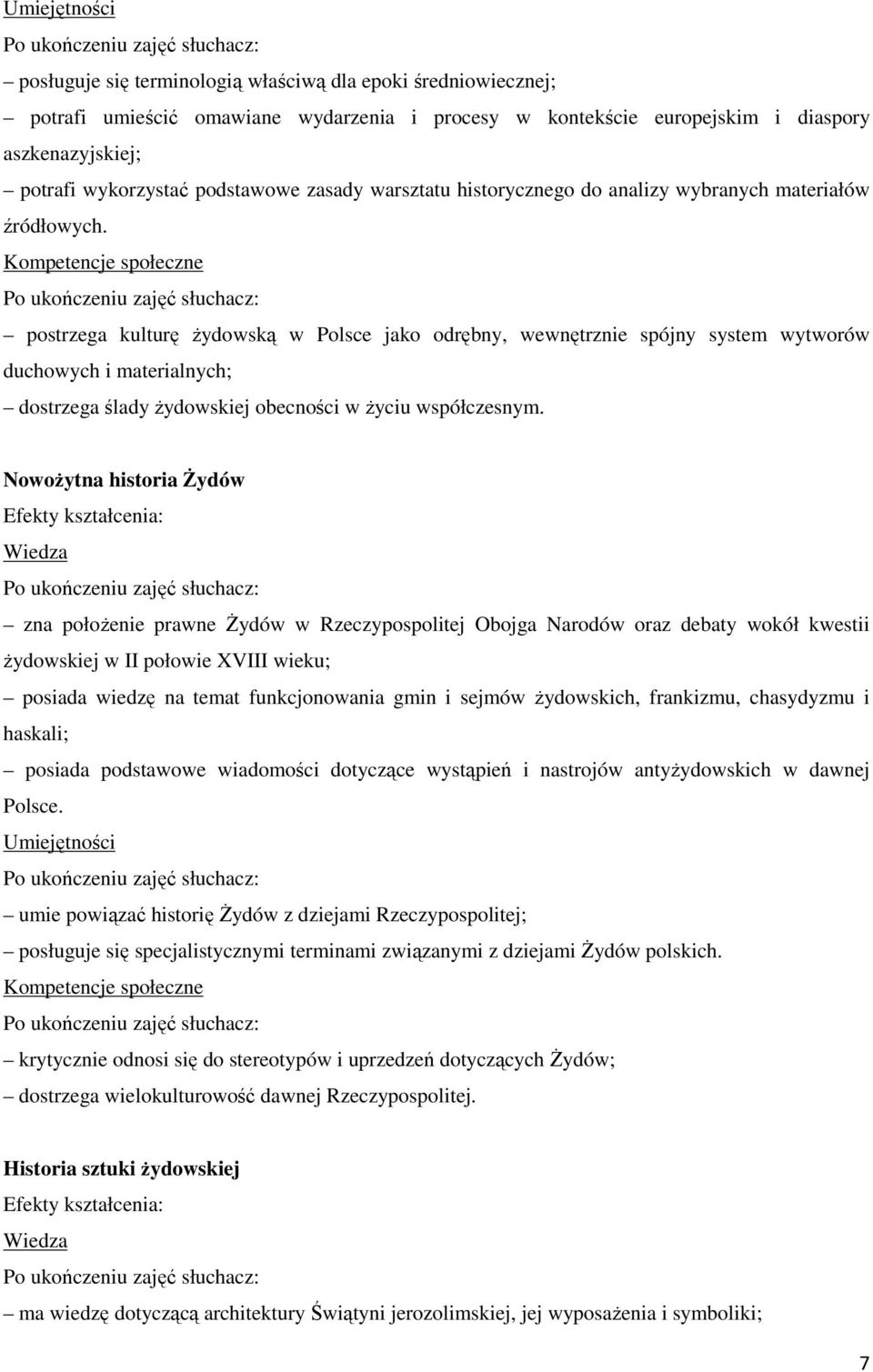 postrzega kulturę żydowską w Polsce jako odrębny, wewnętrznie spójny system wytworów duchowych i materialnych; dostrzega ślady żydowskiej obecności w życiu współczesnym.