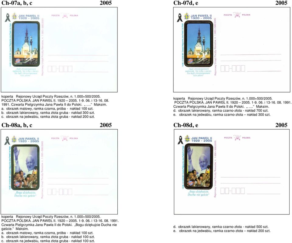 Polski.. Maksim. d. obrazek lakierowany, ramka czarno-złota - nakład 700 szt. e. obrazek na jedwabiu, ramka czarno-złota nakład 300 szt. Ch-08a, b, c 2005 Ch-08d, e 2005 POCZTA POLSKA. JAN PAWEŁ II.