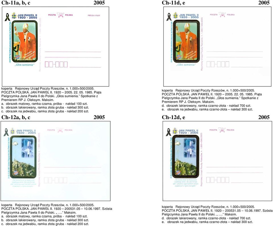 Oleksym. Maksim. d. obrazek lakierowany, ramka czarno-złota - nakład 700 szt. e. obrazek na jedwabiu, ramka czarno-złota nakład 300 szt. Ch-12a, b, c 2005 Ch-12d, e 2005 POCZTA POLSKA. JAN PAWEŁ II.
