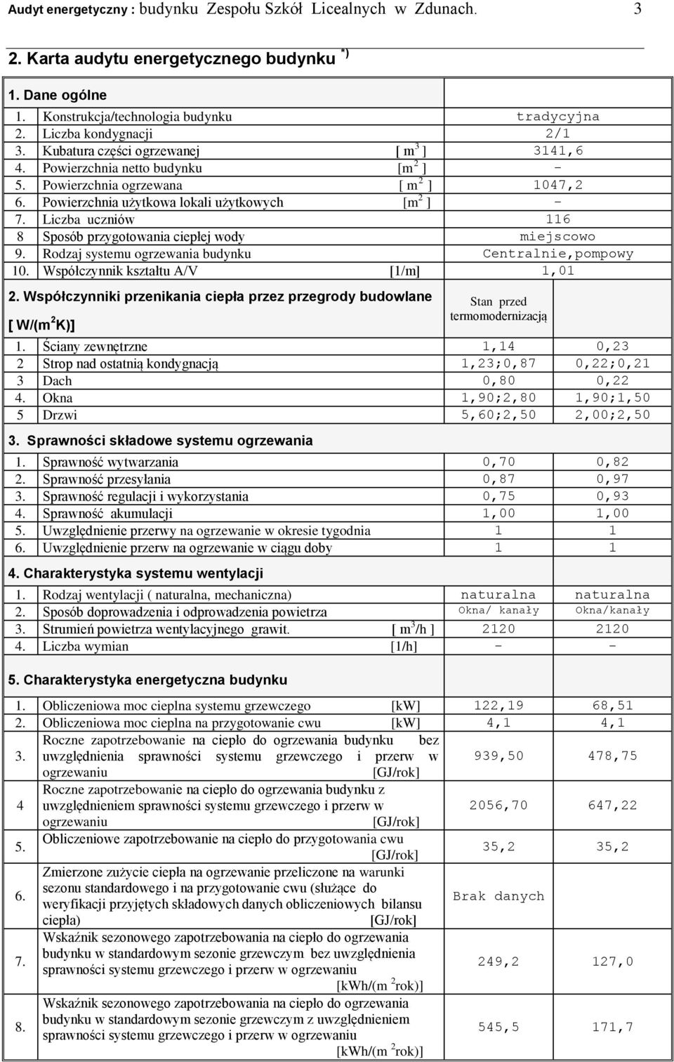 Liczba uczniów 116 8 Sposób przygotowania ciepłej wody miejscowo 9. Rodzaj systemu ogrzewania budynku Centralnie,pompowy 10. Współczynnik kształtu A/V [1/m] 1,01 2.