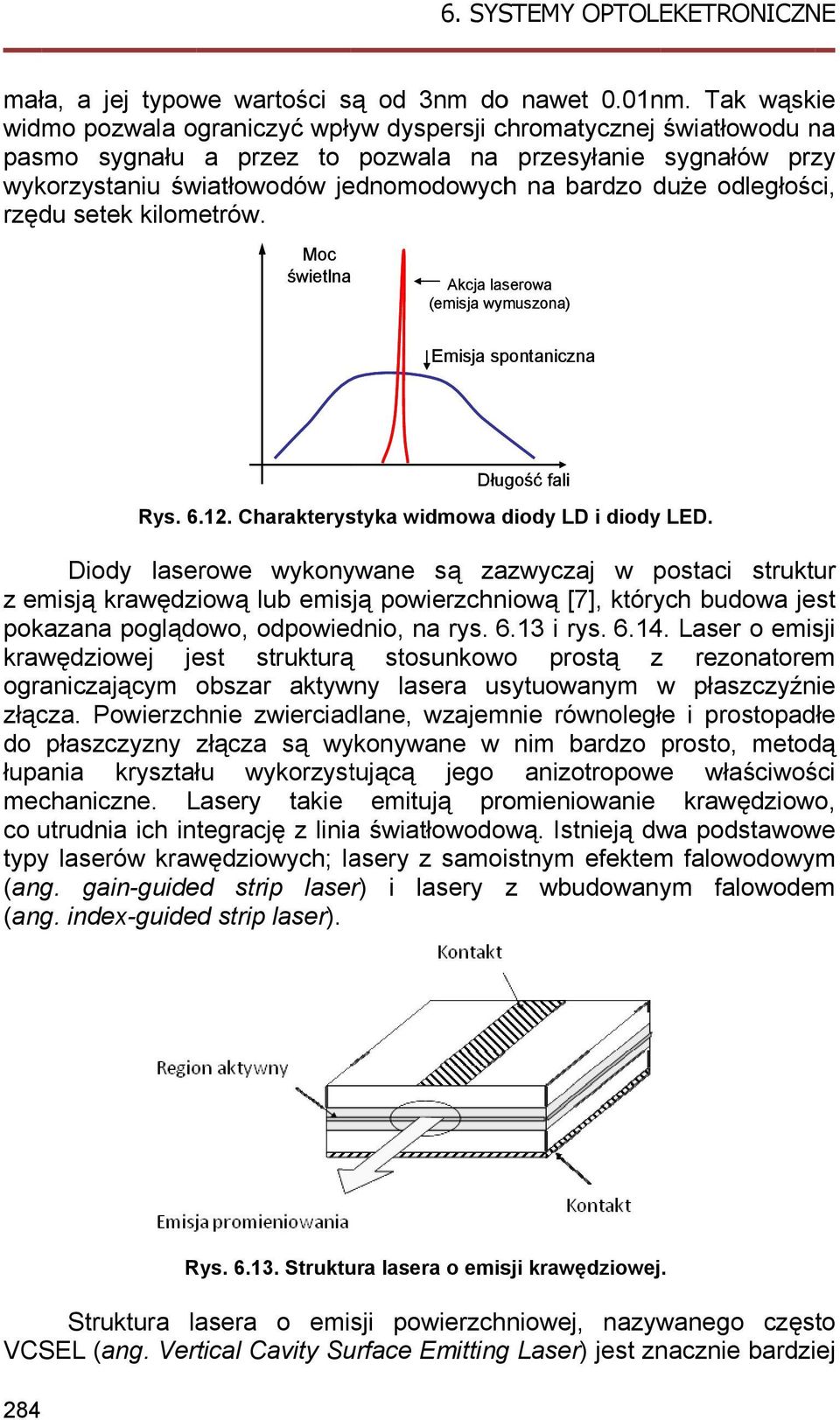 odległości, rzędu setek kilometrów. Moc świetlna Akcja las serowa (emisja wym muszona) Emisja sp pontaniczna Dług gość fali Rys. 6.12. Charakterystyka widmowa diody LD i diody LED.