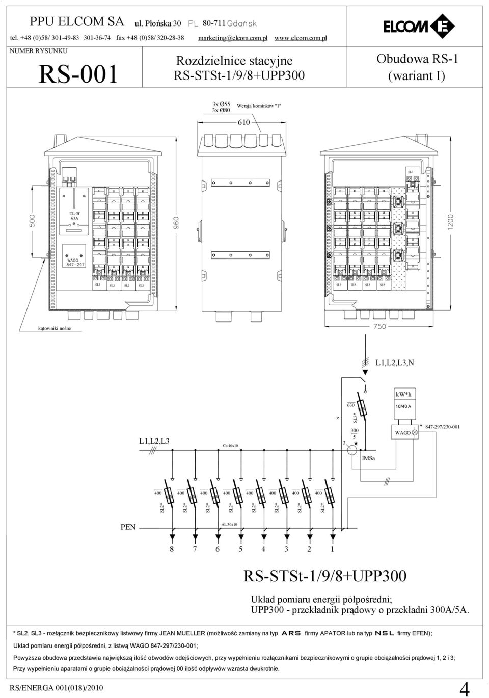 10/40 A L1,L2,L3 Cu 40x10 N 3 SL3* 300 5 WAGO 847-297/230-001 IMSa PEN AL 30x10 8 7 6 5 4 3 2 1 RS-STSt-1/9/8+UPP300 Układ pomiaru energii półpośredni; UPP300 - przekładnik prądowy o przekładni