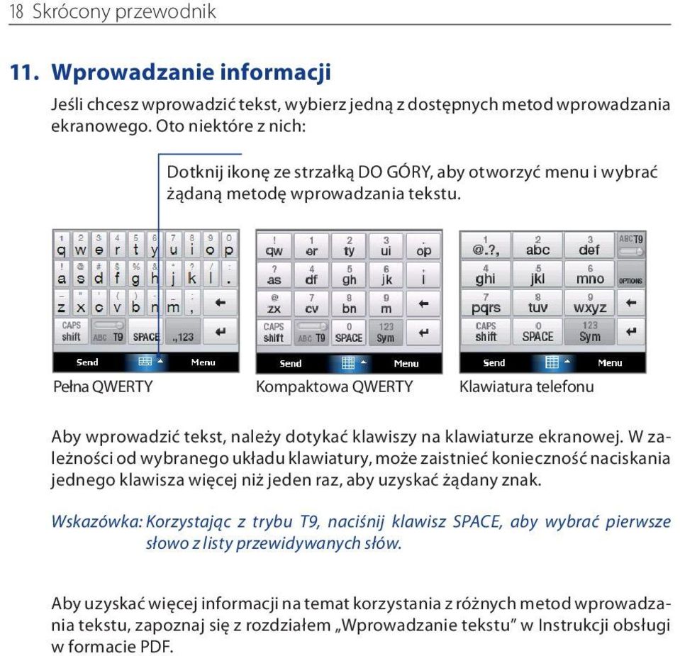 Pełna QWERTY Kompaktowa QWERTY Klawiatura telefonu Aby wprowadzić tekst, należy dotykać klawiszy na klawiaturze ekranowej.