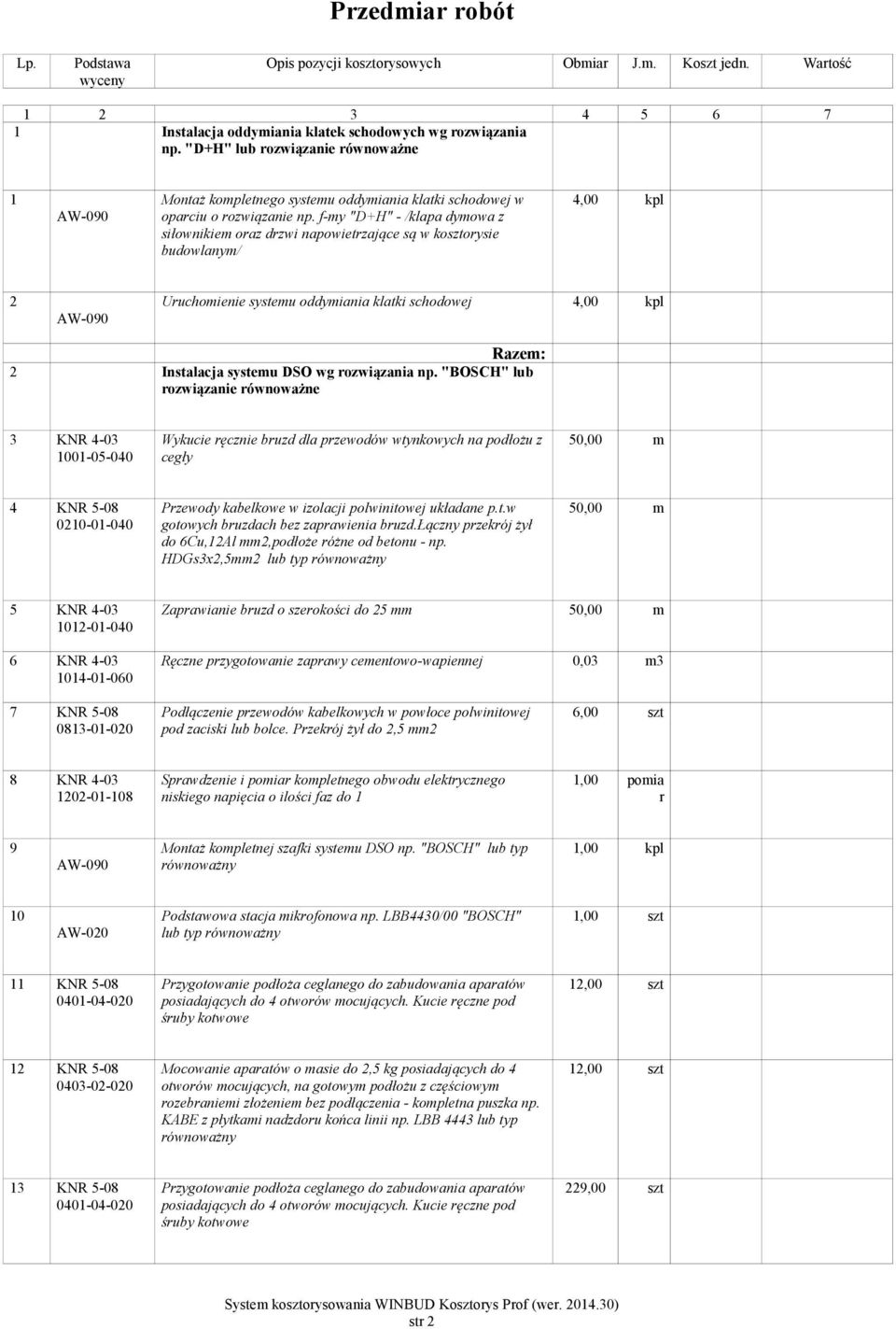 f-my "D+H" - /klapa dymowa z siłownikiem oaz dzwi napowietzające są w kosztoysie budowlanym/ 4,00 kpl 2 Uuchomienie systemu oddymiania klatki schodowej 4,00 kpl Razem: 2 Instalacja systemu DSO wg