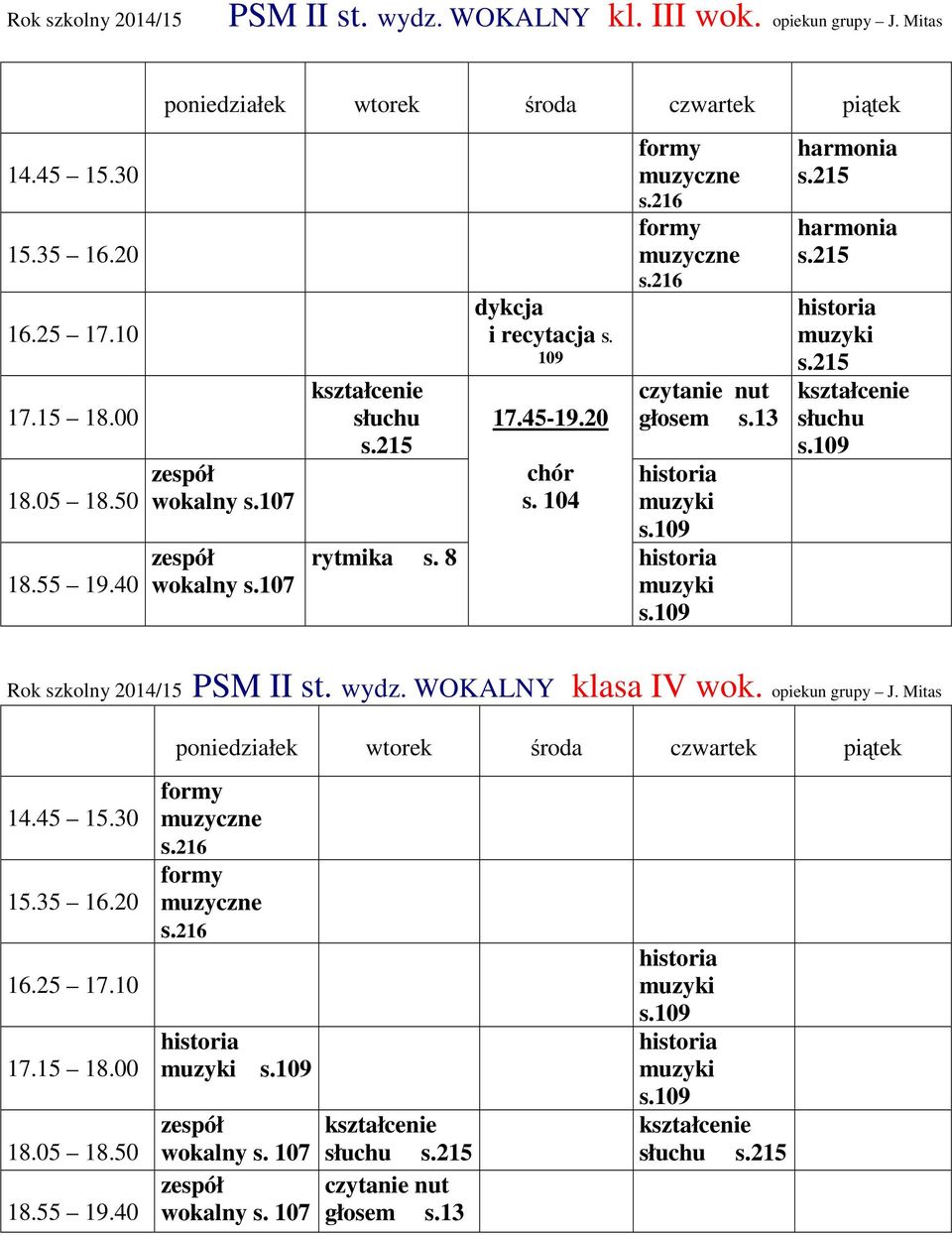 104 formy muzyczne formy muzyczne czytanie nut głosem s.13 Rok szkolny 2014/15 PSM II st. wydz.