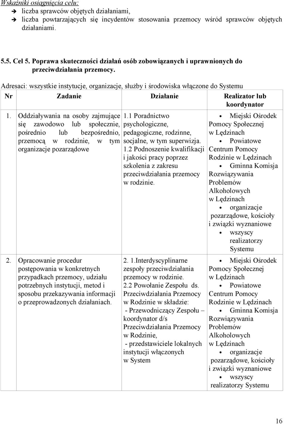 Adresaci: wszystkie instytucje, organizacje, służby i środowiska włączone do Systemu Nr Zadanie Działanie Realizator lub koordynator 1.