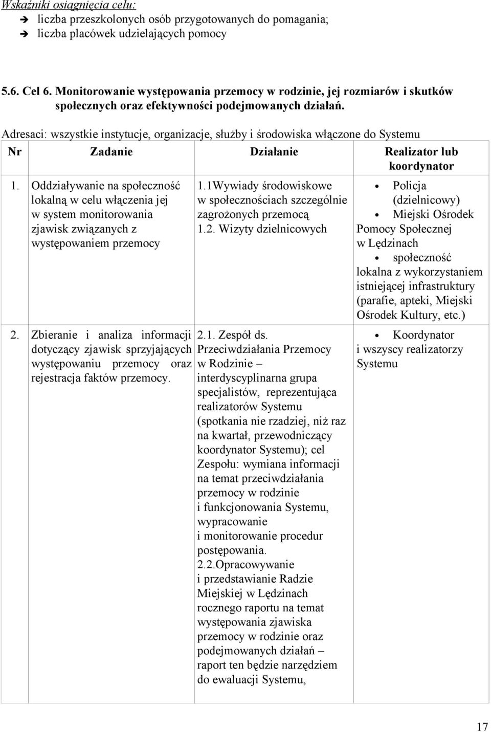 Adresaci: wszystkie instytucje, organizacje, służby i środowiska włączone do Systemu Nr Zadanie Działanie Realizator lub koordynator 1.