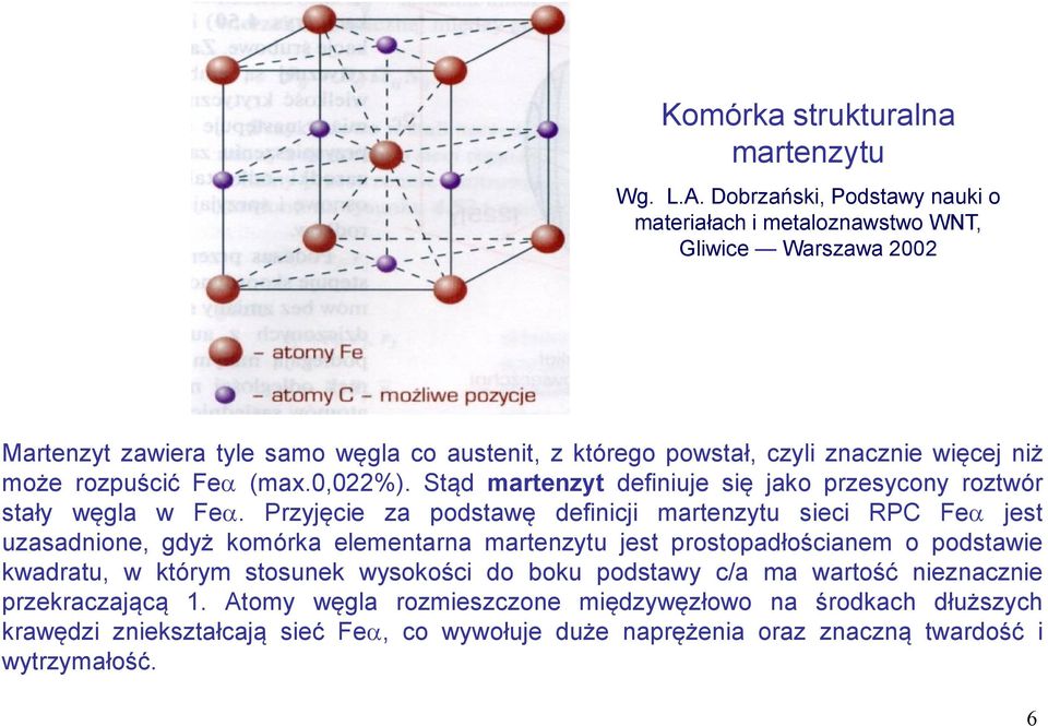 rozpuścić Fe (max.0,022%). Stąd martenzyt definiuje się jako przesycony roztwór stały węgla w Fe.