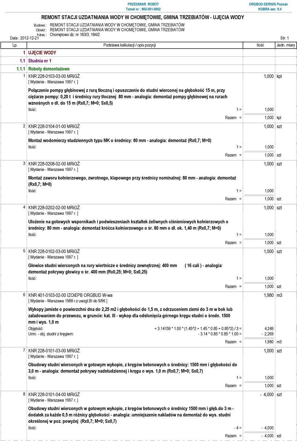 studni wierconej na głębokość 15 m, przy ciężarze pompy: 0,20 t i średnicy rury tłocznej 80 mm - analogia: demontaż pompy głębinowej na rurach wznośnych o dl.