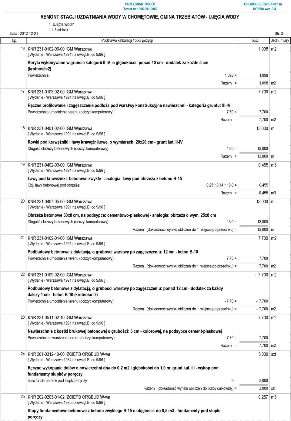 098 = 1,098 Razem = 1,098 m2 17 KNR 231-0103-02-00 IGM Warszawa 7,700 m2 Ręczne profilowanie i zagęszczenie podłoża pod warstwy konstrukcyjne nawierzchni - kategoria gruntu: III-IV Powierzchnia