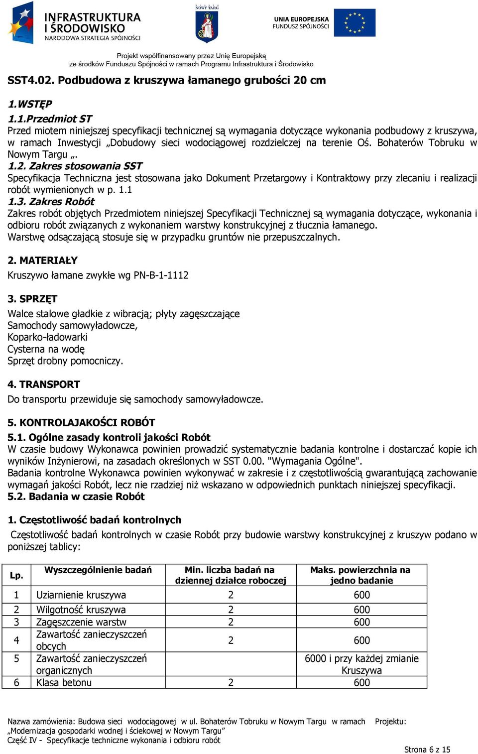 Bohaterów Tobruku w Nowym Targu. 1.2. Zakres stosowania SST Specyfikacja Techniczna jest stosowana jako Dokument Przetargowy i Kontraktowy przy zlecaniu i realizacji robót wymienionych w p. 1.1 1.3.