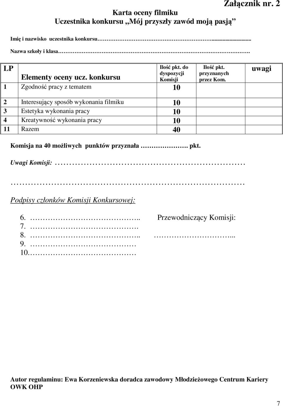 do dyspozycji Komisji 1 Zgodność pracy z tematem 10 2 Interesujący sposób wykonania filmiku 10 3 Estetyka wykonania pracy 10 4 Kreatywność wykonania pracy 10