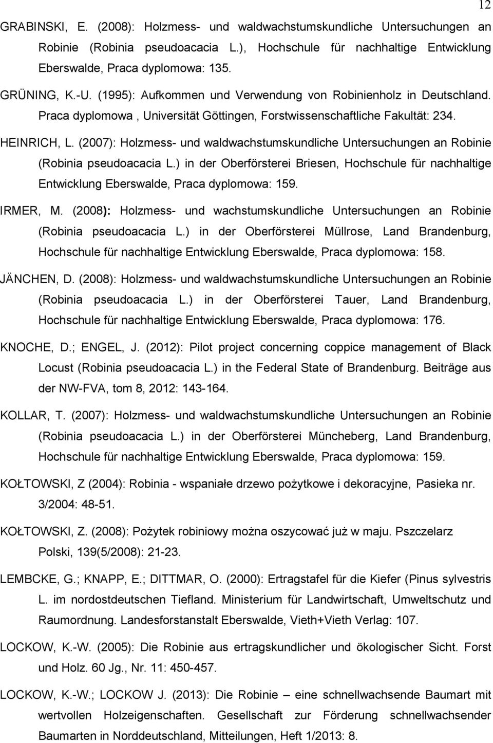 (2007): Holzmess- und waldwachstumskundliche Untersuchungen an Robinie (Robinia pseudoacacia L.) in der Oberförsterei Briesen, Hochschule für nachhaltige Entwicklung Eberswalde, Praca dyplomowa: 159.