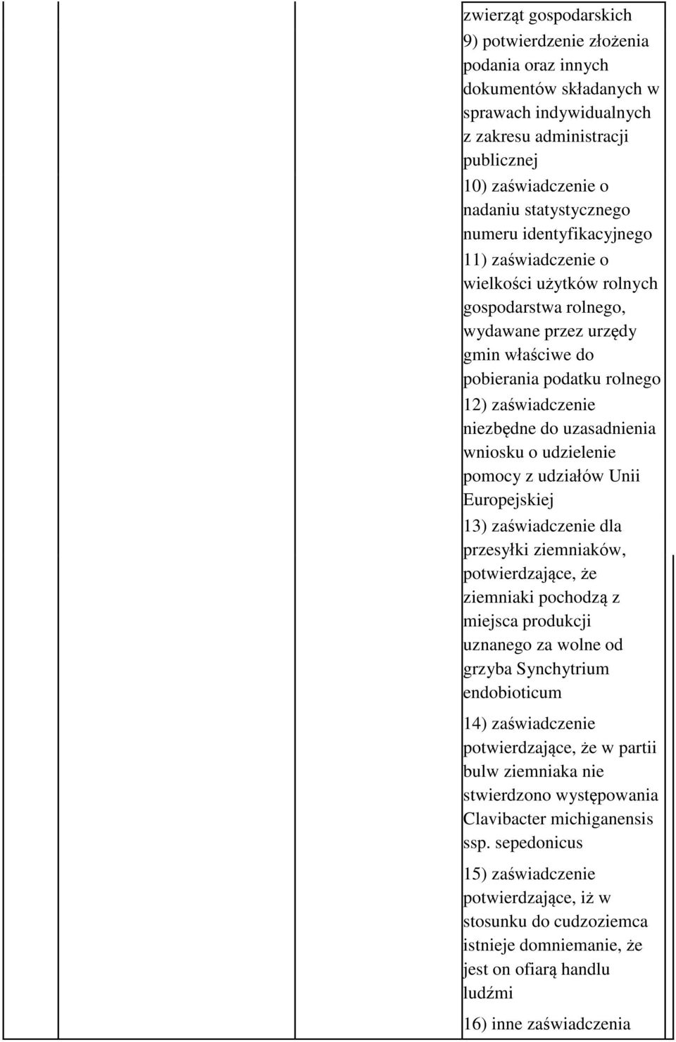 uzasadnienia wniosku o udzielenie pomocy z udziałów Unii Europejskiej 13) zaświadczenie dla przesyłki ziemniaków, potwierdzające, że ziemniaki pochodzą z miejsca produkcji uznanego za wolne od grzyba