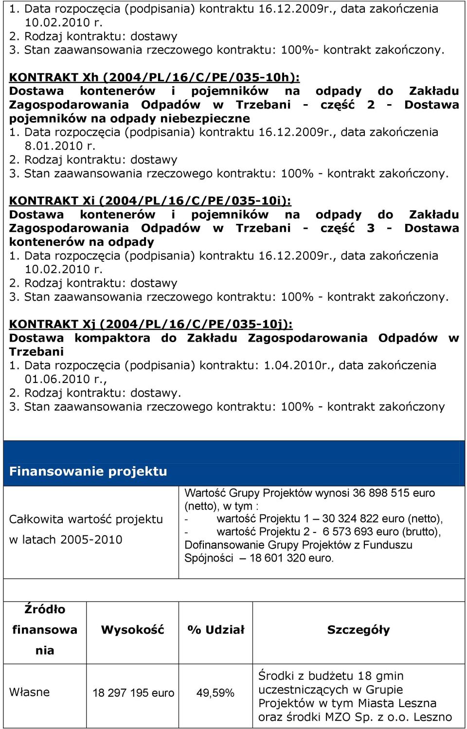 Data rozpoczęcia (podpisania) kontraktu 16.12.2009r., data zakończenia 8.01.2010 r.