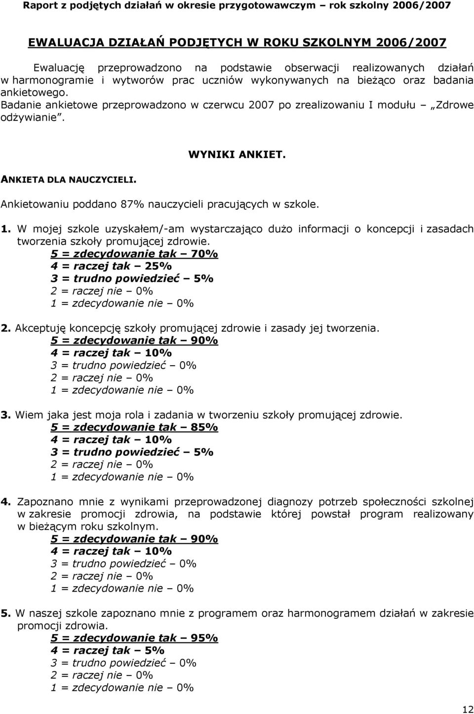 Ankietowaniu poddano 87% nauczycieli pracujących w szkole. 1. W mojej szkole uzyskałem/-am wystarczająco dużo informacji o koncepcji i zasadach tworzenia szkoły promującej zdrowie.