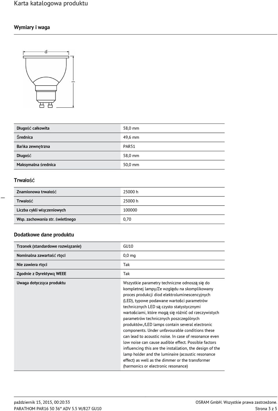 świetlnego 0,70 Dodatkowe dane produktu Trzonek (standardowe rozwiązanie) Nominalna zawartość rtęci Nie zawiera rtęci Zgodnie z Dyrektywą WEEE Uwaga dotycząca produktu GU10 0,0 mg Wszystkie parametry