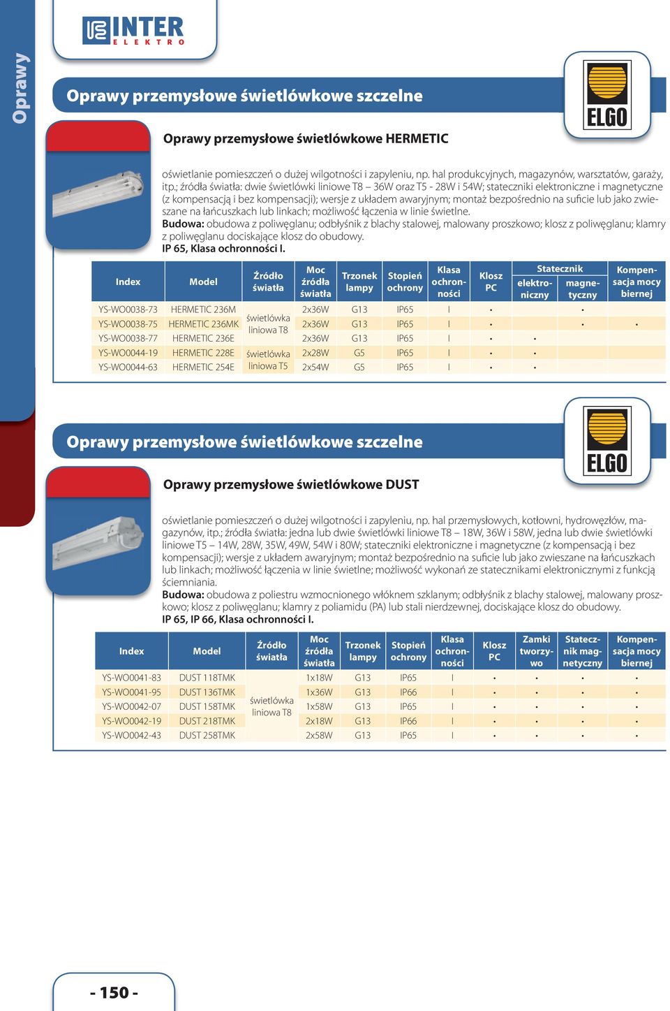 ; : dwie świetlówki liniowe T8 36W oraz T5-28W i 54W; stateczniki elektroniczne i magnetyczne (z kompensacją i bez kompensacji); wersje z układem awaryjnym; montaż bezpośrednio na suficie lub jako