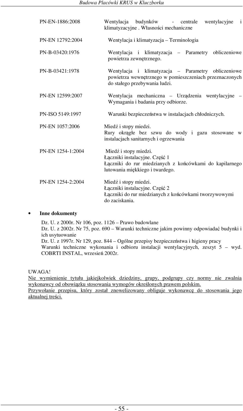 PN-B-03421:1978 Wentylacja i klimatyzacja Parametry obliczeniowe powietrza wewnętrznego w pomieszczeniach przeznaczonych do stałego przebywania ludzi.