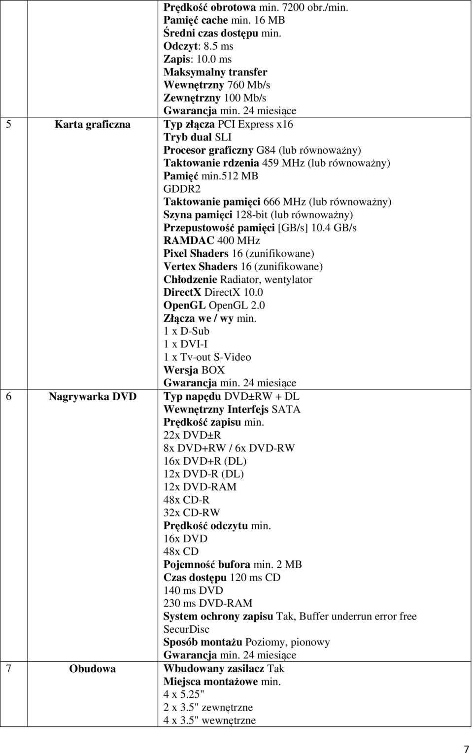 równoważny) Pamięć min.512 MB GDDR2 Taktowanie pamięci 666 MHz (lub równoważny) Szyna pamięci 128-bit (lub równoważny) Przepustowość pamięci [GB/s] 10.