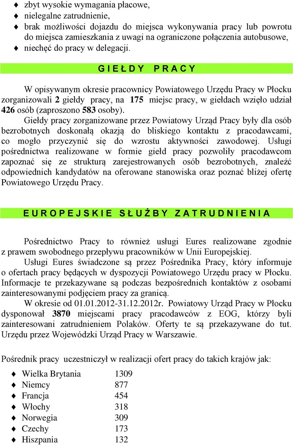 G I E Ł D Y P R A C Y W opisywanym okresie pracownicy Powiatowego Urzędu Pracy w Płocku zorganizowali 2 giełdy pracy, na 175 miejsc pracy, w giełdach wzięło udział 426 osób (zaproszono 583 osoby).