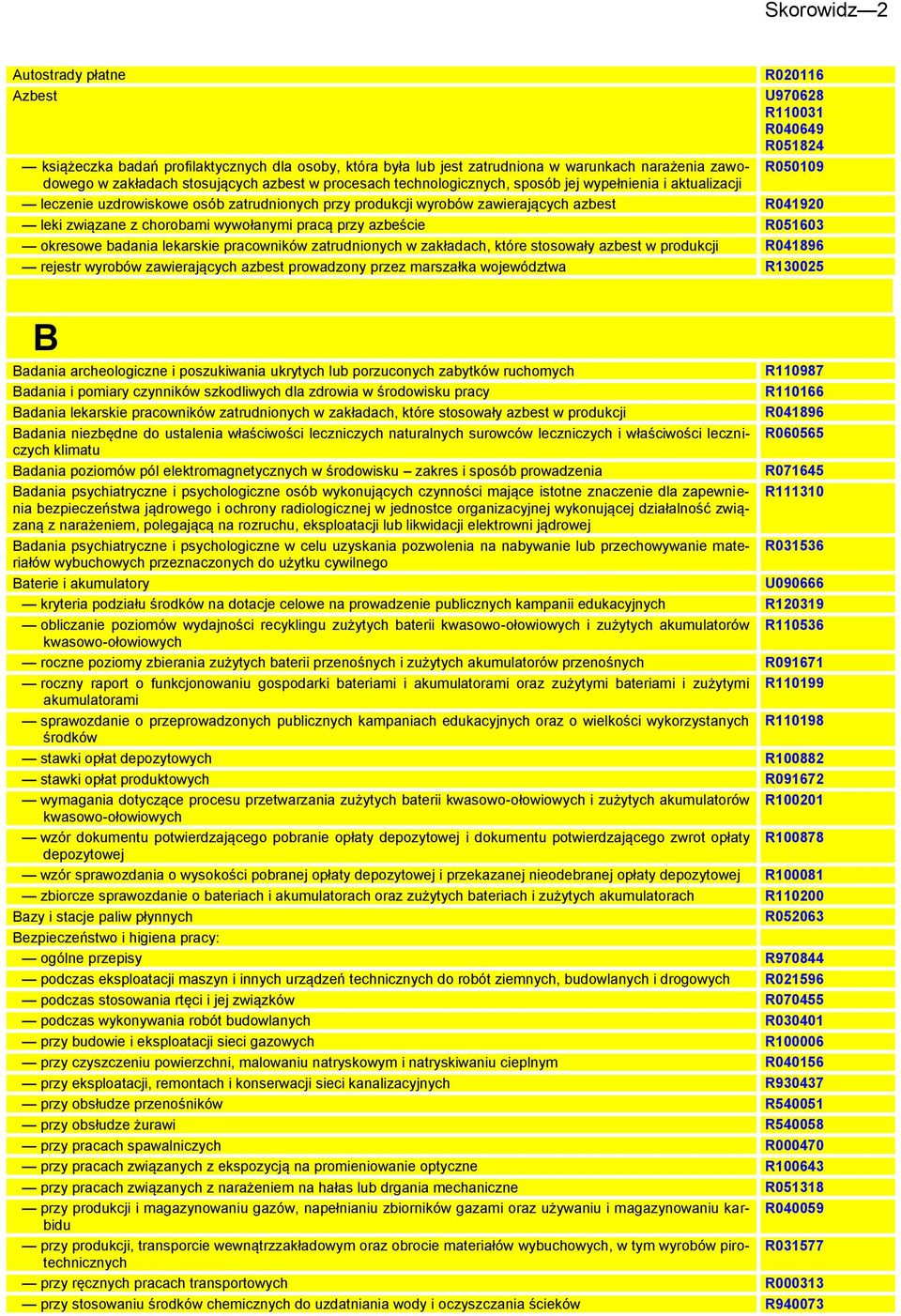 leki związane z chorobami wywołanymi pracą przy azbeście R051603 okresowe badania lekarskie pracowników zatrudnionych w zakładach, które stosowały azbest w produkcji R041896 rejestr wyrobów