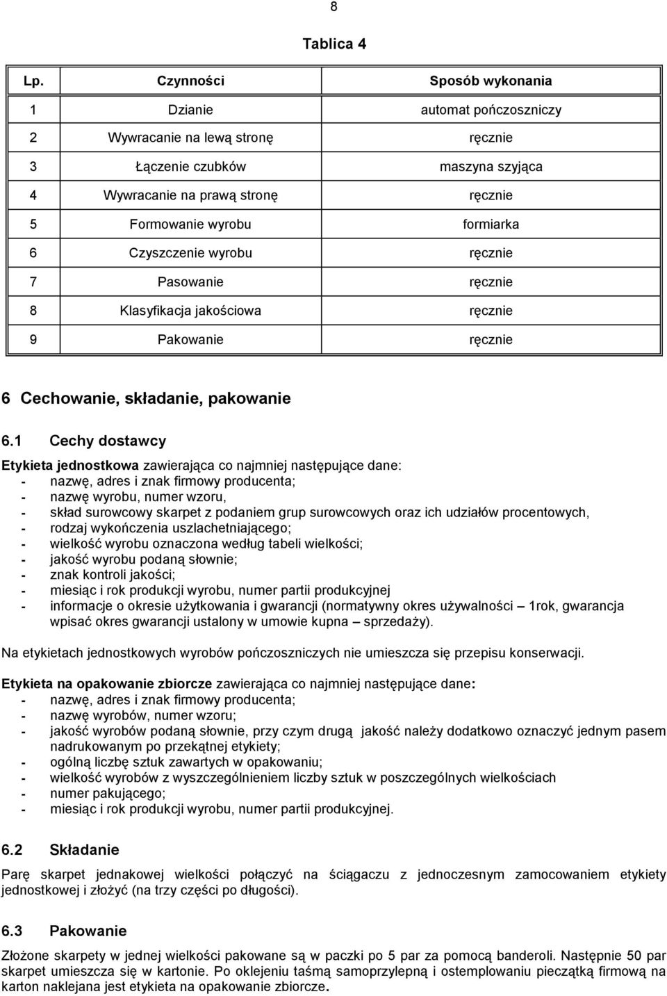 Czyszczenie wyrobu ręcznie 7 Pasowanie ręcznie 8 Klasyfikacja jakościowa ręcznie 9 Pakowanie ręcznie 6 Cechowanie, składanie, pakowanie 6.