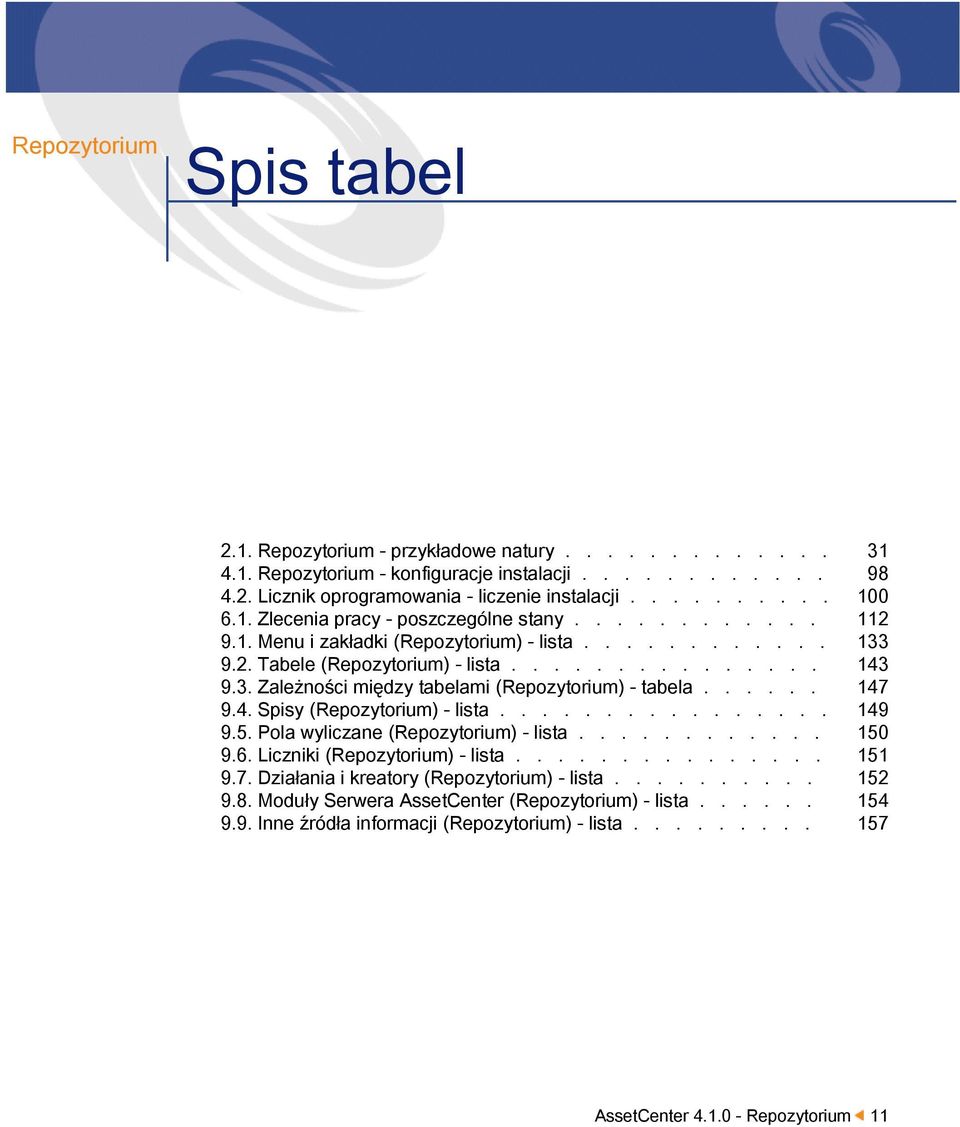 ..... 147 9.4. Spisy (Repozytorium) - lista................ 149 9.5. Pola wyliczane (Repozytorium) - lista............ 150 9.6. Liczniki (Repozytorium) - lista............... 151 9.7. Działania i kreatory (Repozytorium) - lista.