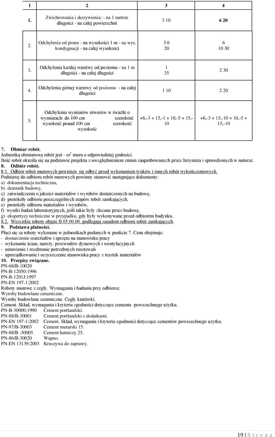 Odchylenia wymiarów otworów w świetle o wymiarach: do 100 cm szerokość wysokość ponad 100 cm szerokość wysokość +6,-3 + 15,-1 + 10,-5 + 15,- 10 +6,-3 + 15,-10 + 10,-5 + 15,-10 7. Obmiar robót.