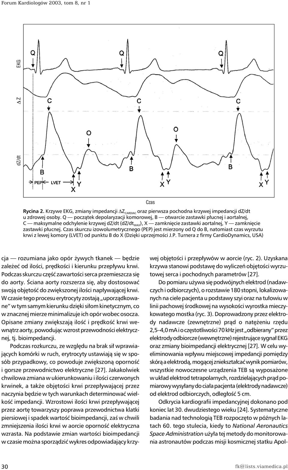 Czas skurczu izowolumetrycznego (PEP) jest mierzony od Q do B, natomiast czas wyrzutu krwi z lewej komory (LVET) od punktu B do X (Dzięki uprzejmości J.P. Turnera z firmy CardioDynamics, USA) cja rozumiana jako opór żywych tkanek będzie zależeć od ilości, prędkości i kierunku przepływu krwi.
