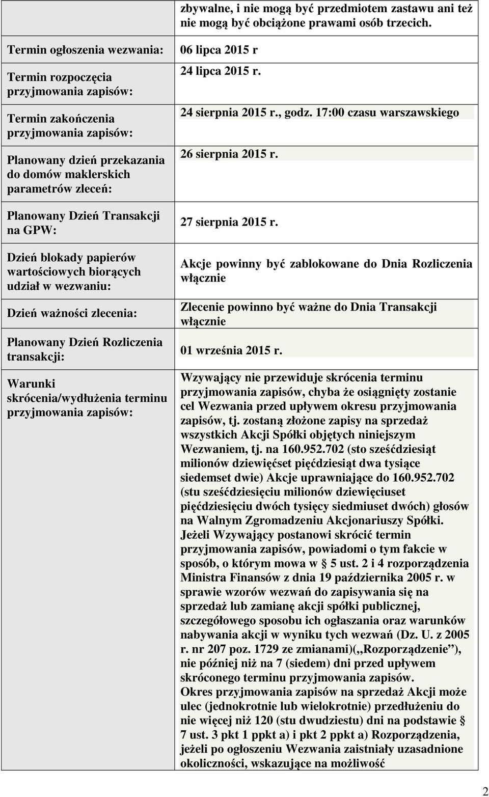 Transakcji na GPW: Dzień blokady papierów wartościowych biorących udział w wezwaniu: Dzień ważności zlecenia: Planowany Dzień Rozliczenia transakcji: Warunki skrócenia/wydłużenia terminu przyjmowania