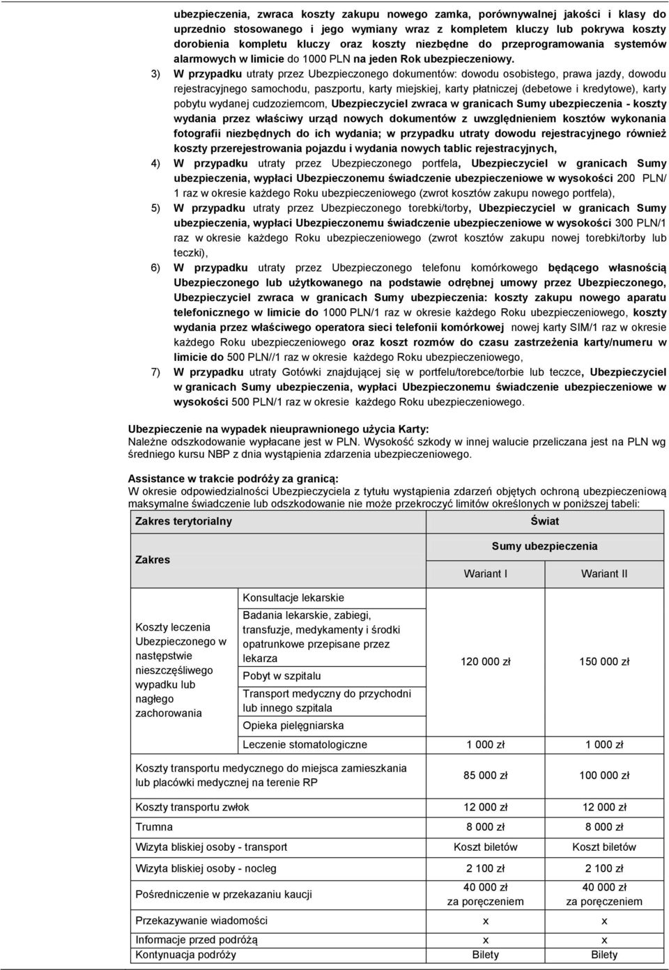 3) W przypadku utraty przez Ubezpieczonego dokumentów: dowodu osobistego, prawa jazdy, dowodu rejestracyjnego samochodu, paszportu, karty miejskiej, karty płatniczej (debetowe i kredytowe), karty