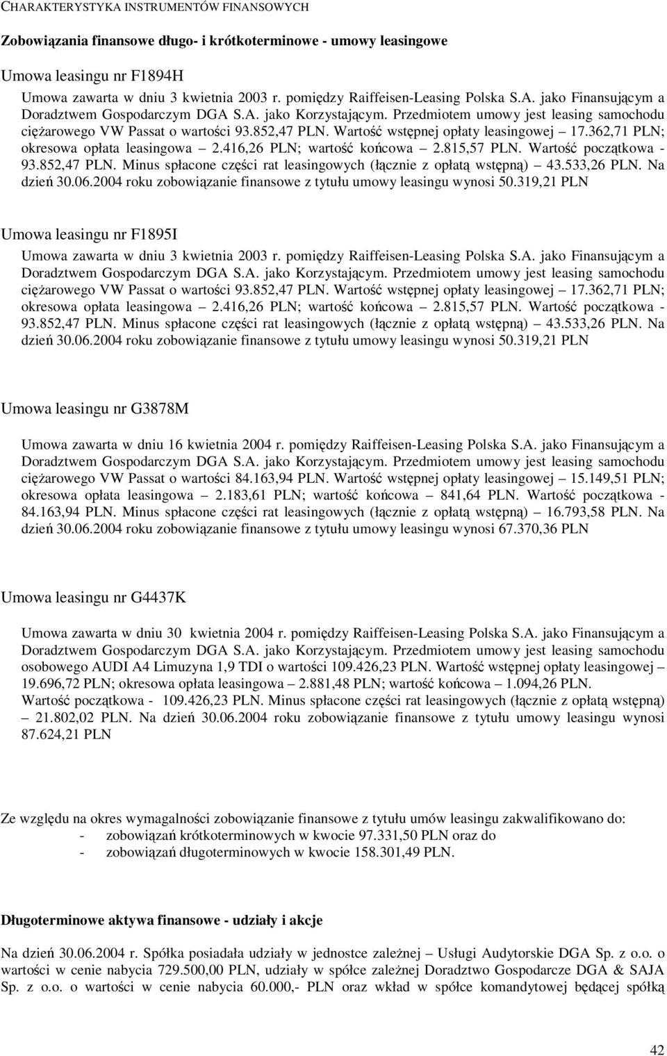 Warto wstpnej opłaty leasingowej 17.362,71 PLN; okresowa opłata leasingowa 2.416,26 PLN; warto kocowa 2.815,57 PLN. Warto pocztkowa - 93.852,47 PLN.