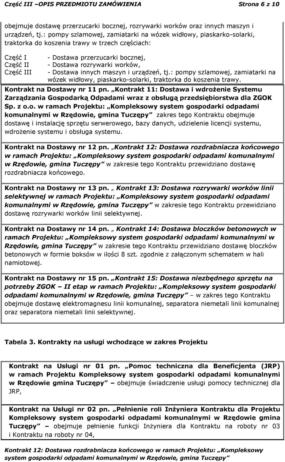 worków, - Dostawa innych maszyn i urządzeń, tj.: pompy szlamowej, zamiatarki na wózek widłowy, piaskarko-solarki, traktorka do koszenia trawy. Kontrakt na Dostawy nr 11 pn.