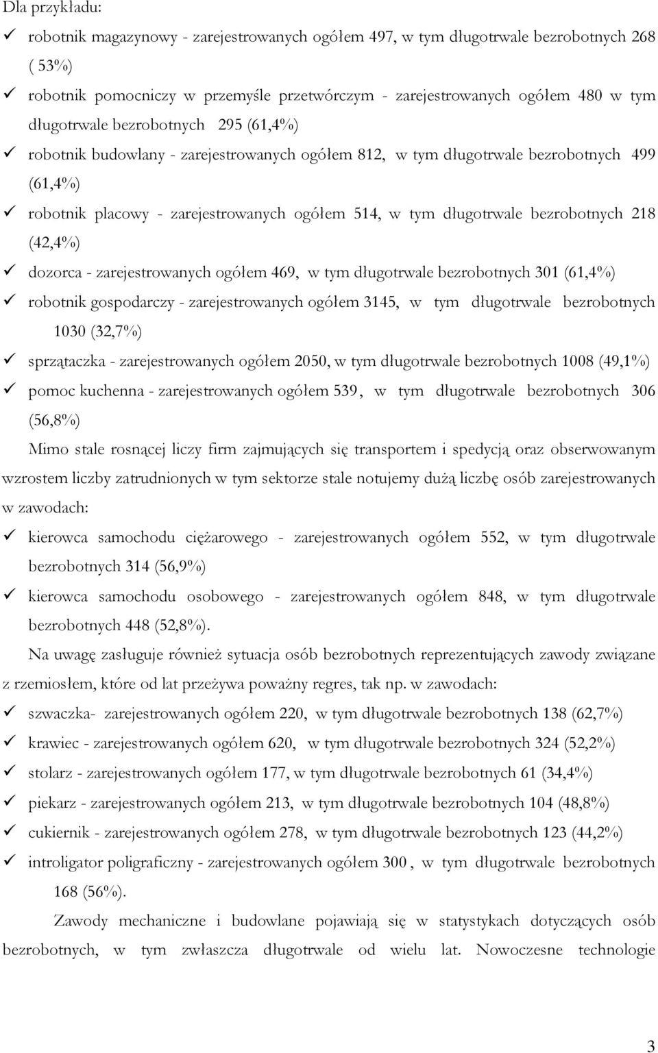 bezrobotnych 218 (42,4%) dozorca - zarejestrowanych ogółem 469, w tym długotrwale bezrobotnych 301 (61,4%) robotnik gospodarczy - zarejestrowanych ogółem 3145, w tym długotrwale bezrobotnych 1030