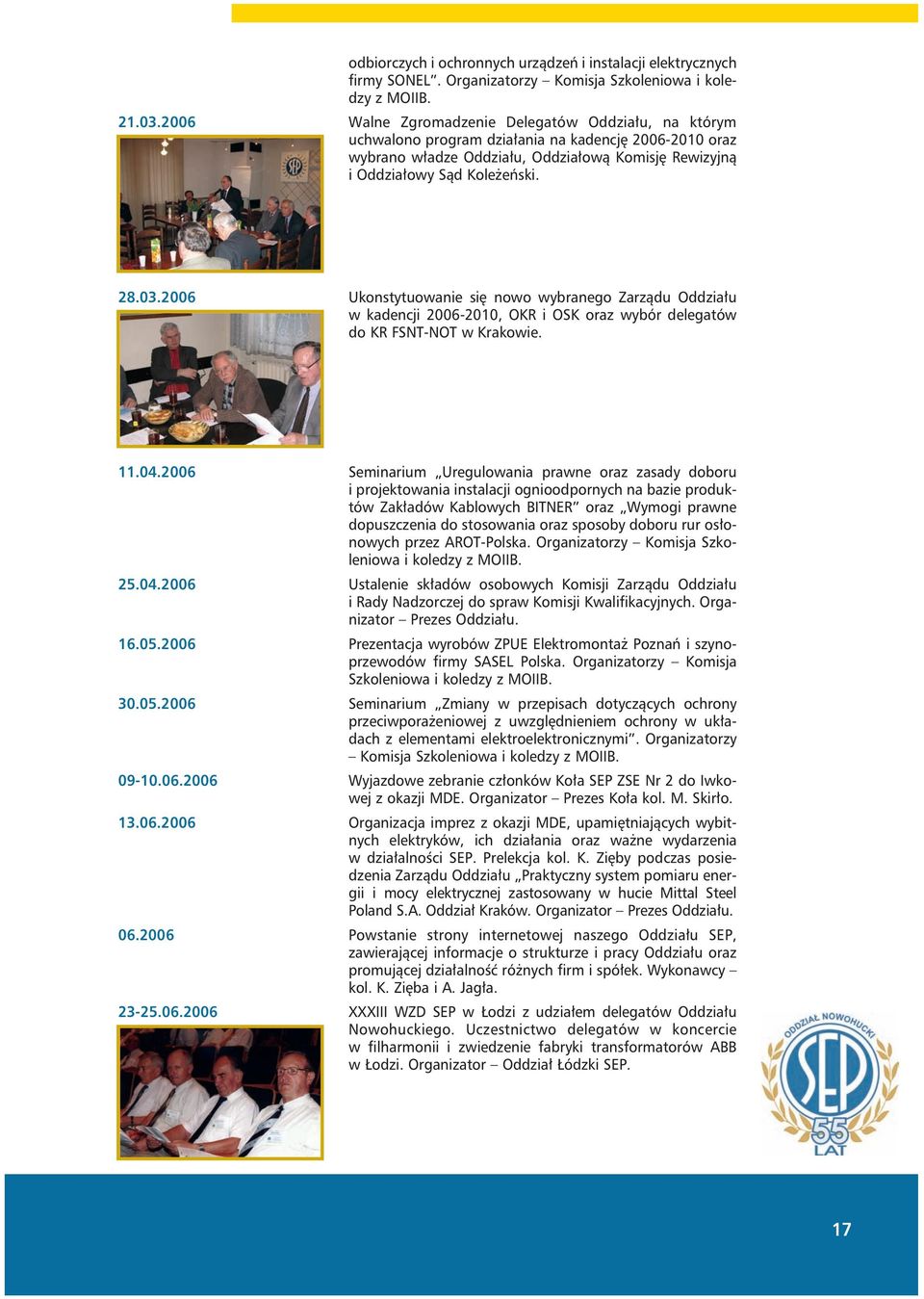 2006 Ukonstytuowanie się nowo wybranego Zarządu Oddziału w kadencji 2006-2010, OKR i OSK oraz wybór delegatów do KR FSNT-NOT w Krakowie. 11.04.