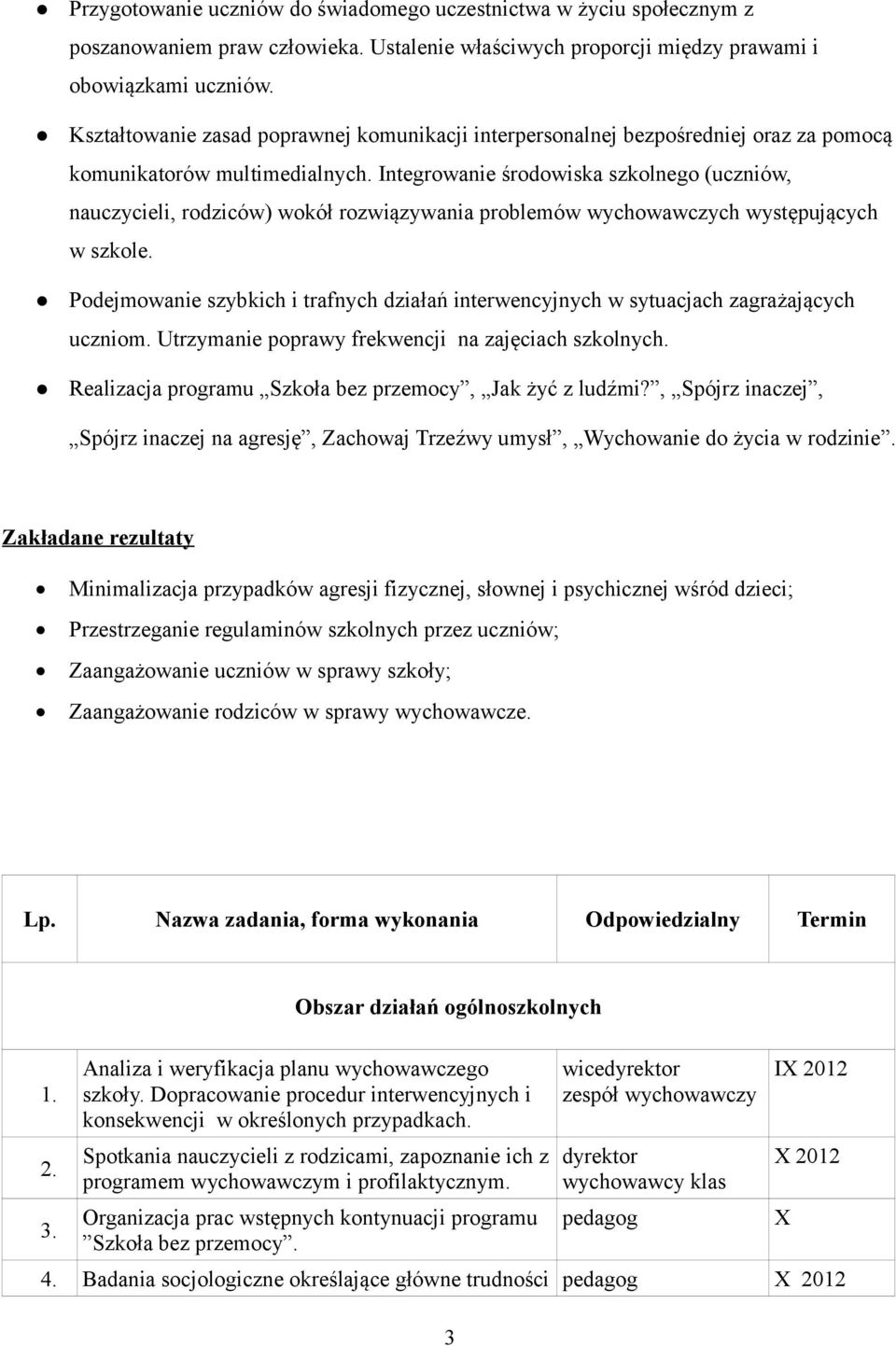 Integrowanie środowiska szkolnego (uczniów, nauczycieli, rodziców) wokół rozwiązywania problemów wychowawczych występujących w szkole.