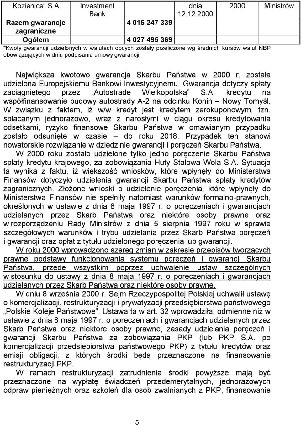 dniu podpisania umowy gwarancji. Największa kwotowo gwarancja Skarbu Państwa w 2000 r. została udzielona Europejskiemu Bankowi Inwestycyjnemu.