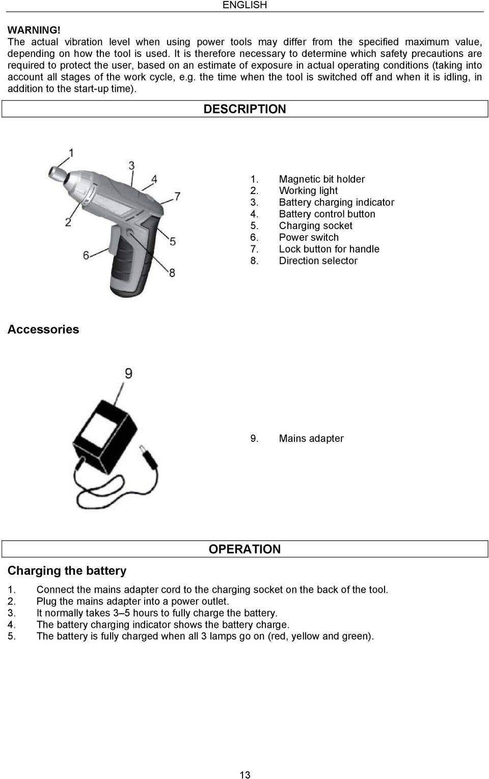 the work cycle, e.g. the time when the tool is switched off and when it is idling, in addition to the start-up time). DESCRIPTION 1. Magnetic bit holder 2. Working light 3.