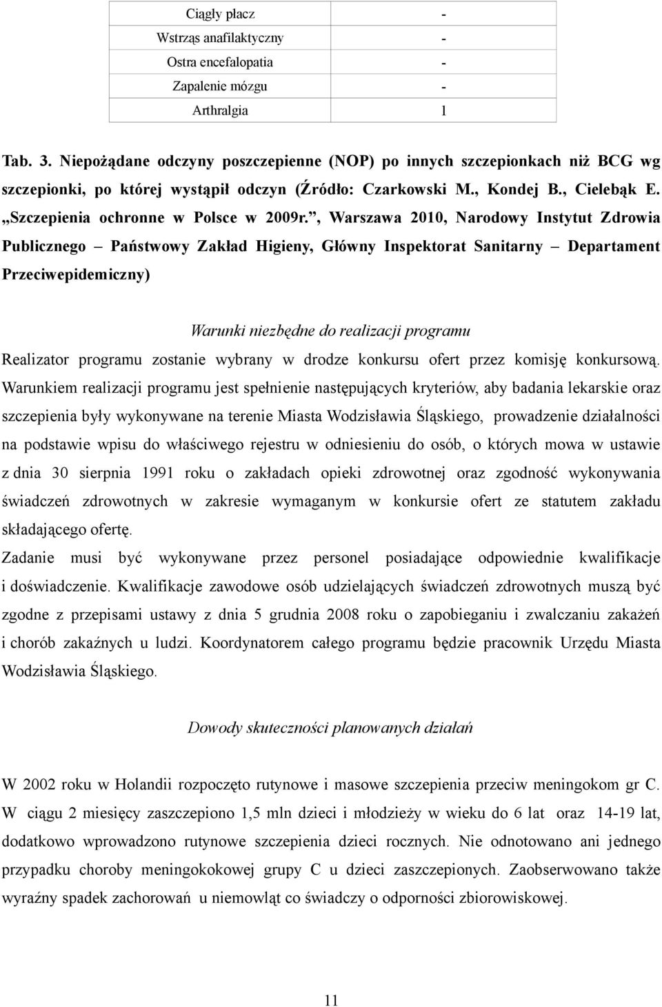 , Warszawa 2010, Narodowy Instytut Zdrowia Publicznego Państwowy Zakład Higieny, Główny Inspektorat Sanitarny Departament Przeciwepidemiczny) Warunki niezbędne do realizacji programu Realizator